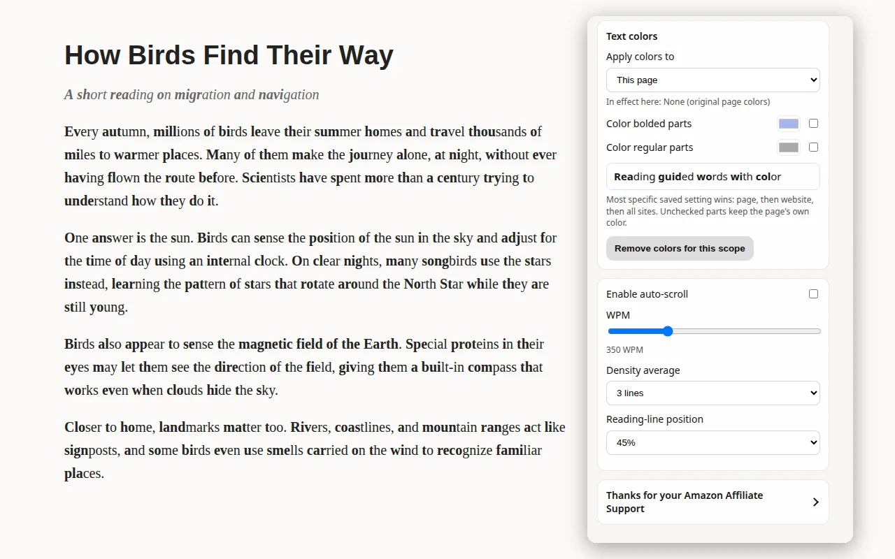 The popup's text color and auto-scroll settings next to an anchored reading page