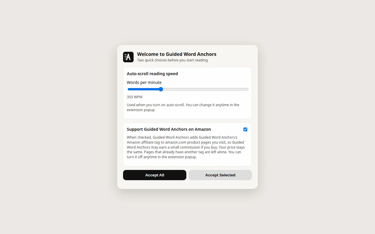 The Guided Word Anchors welcome screen with the auto-scroll speed and Amazon support choices