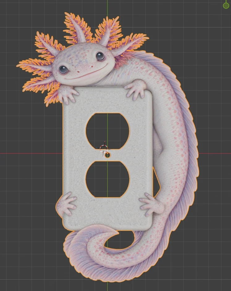 Full-color axolotl outlet cover seen from the top in Blender