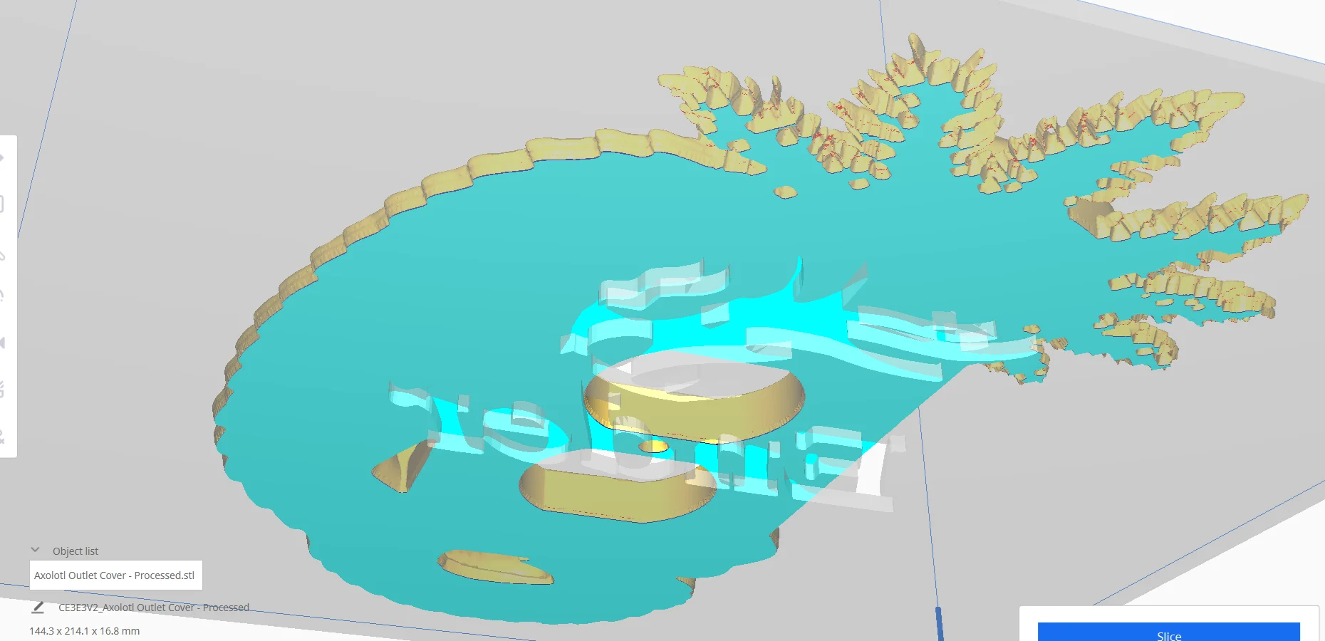 Processed axolotl cover in Cura with almost no red overhang areas