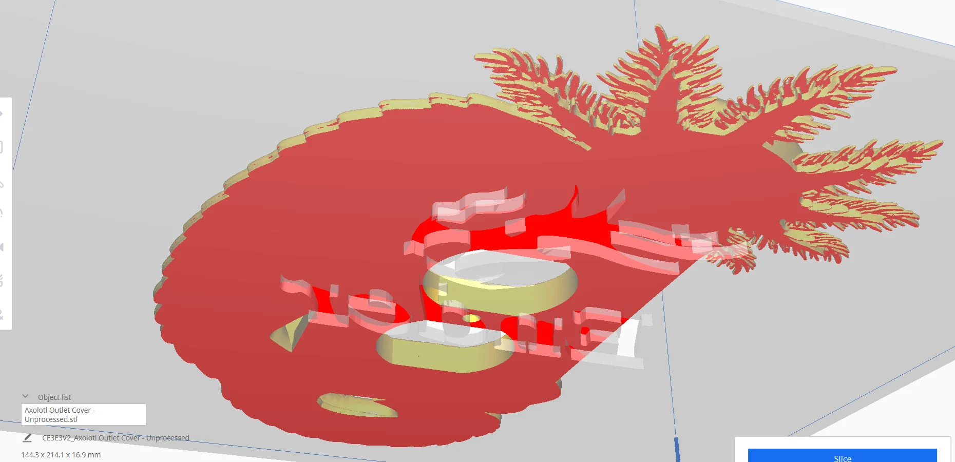 Unprocessed axolotl cover in Cura with the underside of the gills and body flagged red