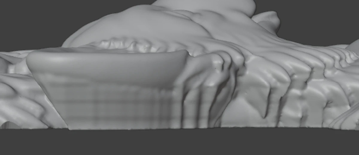 Side view after OverHeal: fill slopes from the fur and ears down to the bed